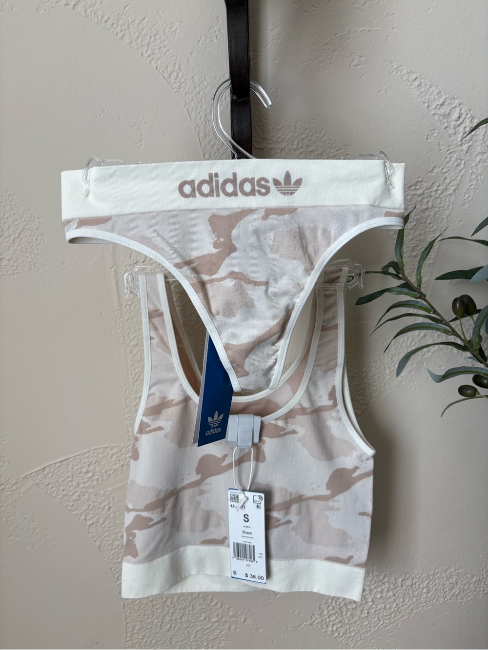 adidas Beige Camo Bralette & thong Set with White Trim